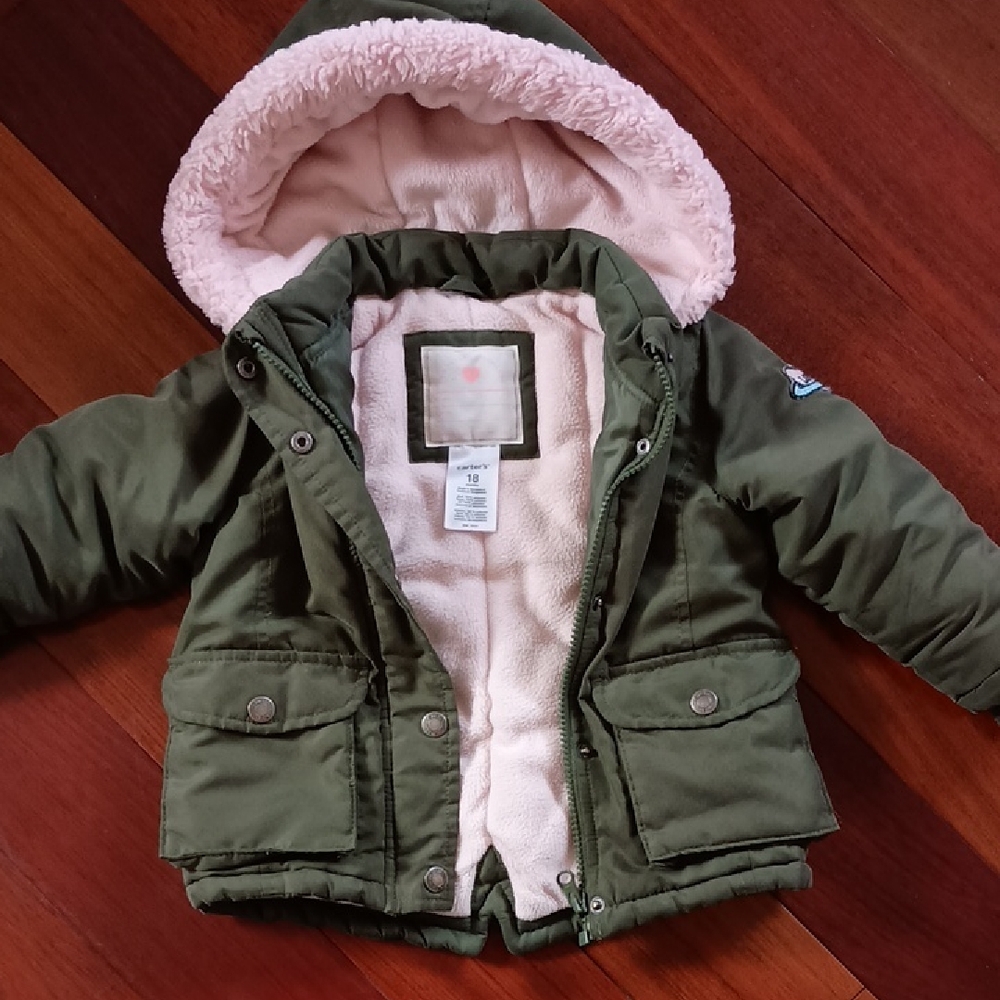 Carter's Girls 18 Months Green Hooded Jacket with Pink Lining